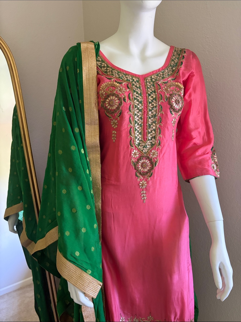 Beautiful brand new silk Indian suit Salwaar peach and green color combination